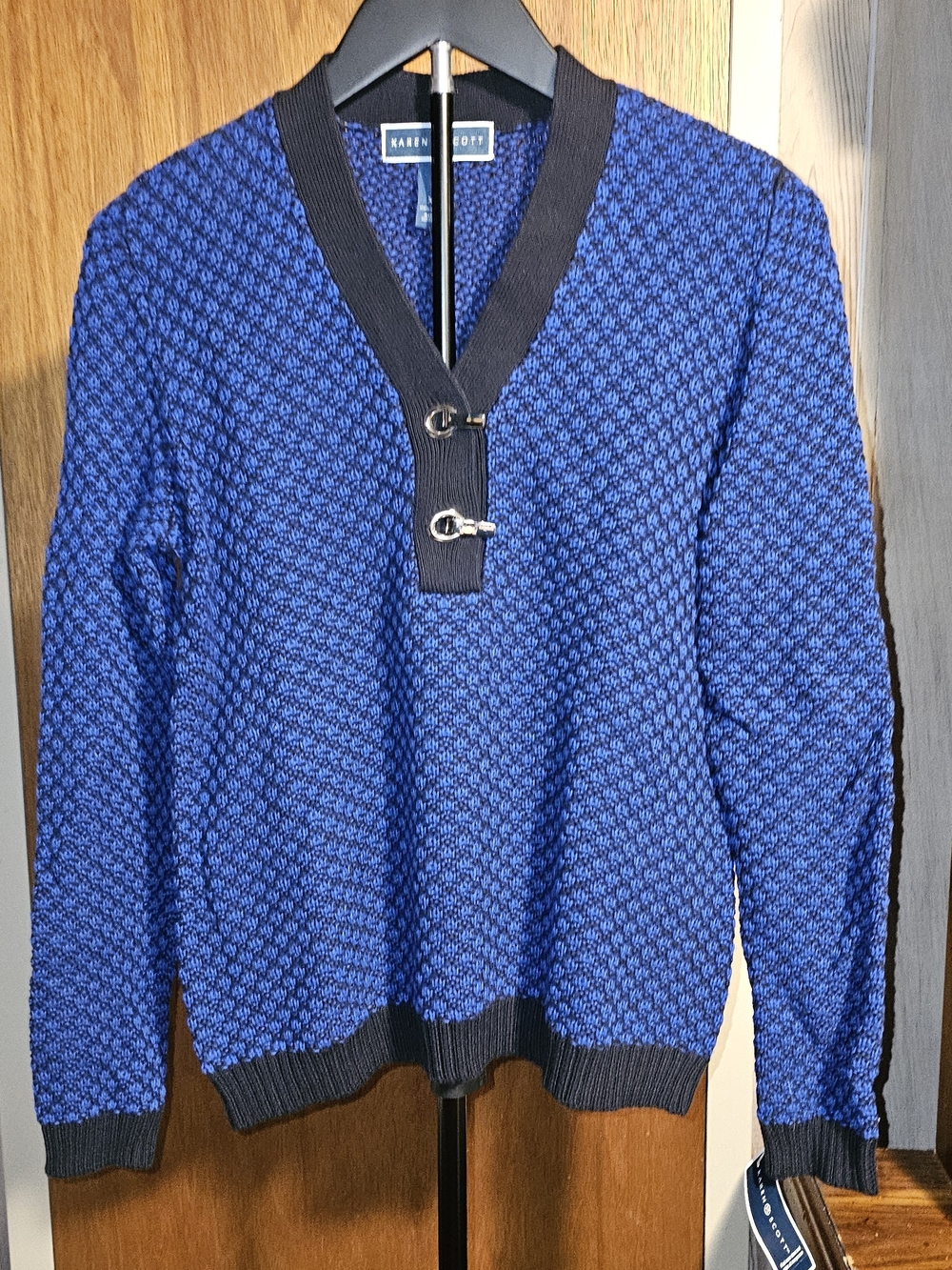Karen Scott Blue Textured V-Neck Sweater with Black Trim